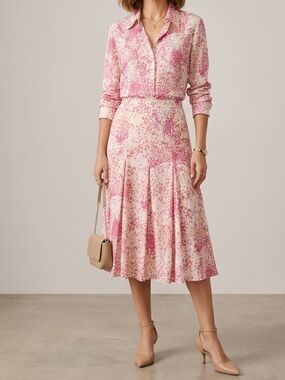 Kasper Pink Cream Printed Two-Piece Set Shirt Botton Up Pleated Skirt 16 Petite